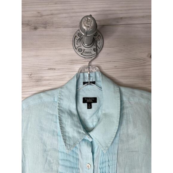 Talbots Shirt Womens 1X Petite Light Blue Irish Linen Pintuck Button Front Top - Picture 2 of 8